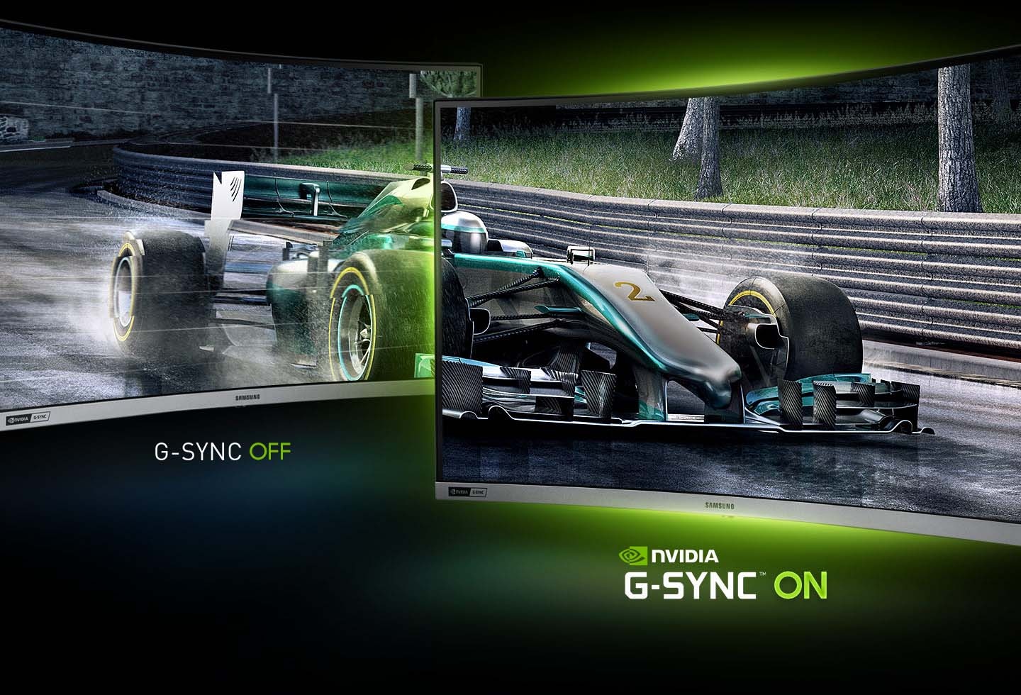 Denne video demonstrerer G-Sync-kompatibiliteten. To skærme bevæger sig fra hver sin side ind mod midten med G-Sync slået til og fra. I venstre side af de to skærme er G-Sync slået fra, og i højre side af skærmene er G-Sync slået til.