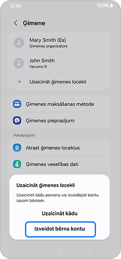 Izsaukt ģimenes locekli uznirstošais logs ar izveidot kontu izcelts.