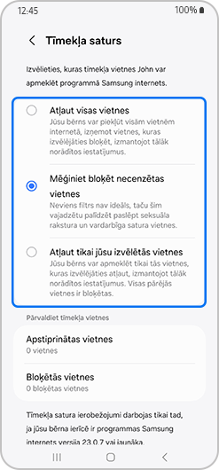 Tīmekļa satura ekrāns ar izvēlēto mēģinājumu bloķēt nepiedienīgas vietnes.