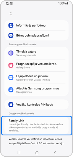 Bērna konta ekrāns ar izceltu Family Link.