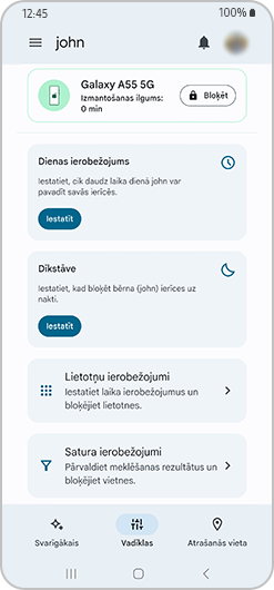Family Link saskarne ar ikdienas ierobežojumu, neaktivitātes laiku, lietotņu ierobežojumu un satura ierobežojumiem.