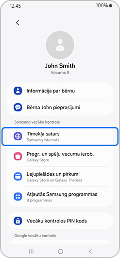 Vecāku kontroles izvēlne ar izcelto tīmekļa saturu.