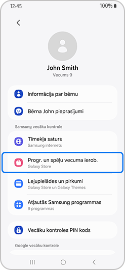 Vecāku kontroles izvēlne ar izceltajiem lietotņu un spēļu vecuma vērtējumiem.