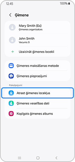 Ģimenes ekrānu ar izvēlēto atrodiet ģimenes locekļus
