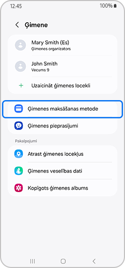 Ģimenes maksājumu metodi, kas izcelta ģimenes ekrānā.