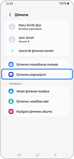 Uzsvērti ģimenes pieprasījumi ģimenes ekrānā.