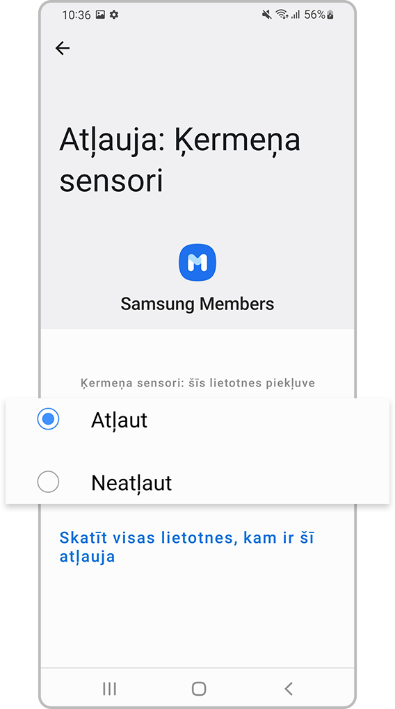 Lietotņu atļaujās izvēlieties, vai atļaut vai neatļaut