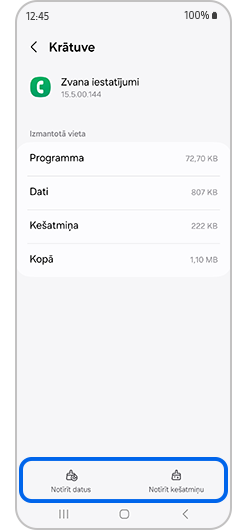 Galaxy viedtālruņa lietotnē Zvanu iestatījumi ir atlasīta kešatmiņas iztīrīšana un datu dzēšana
