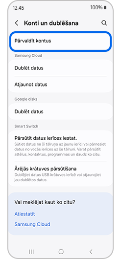 Izvēlnē Konti un dublēšana atlasīta opcija Pārvaldīt kontus