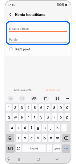 Lodziņi, kur ievadīt e-pasta adresi un e-pasta konta paroli