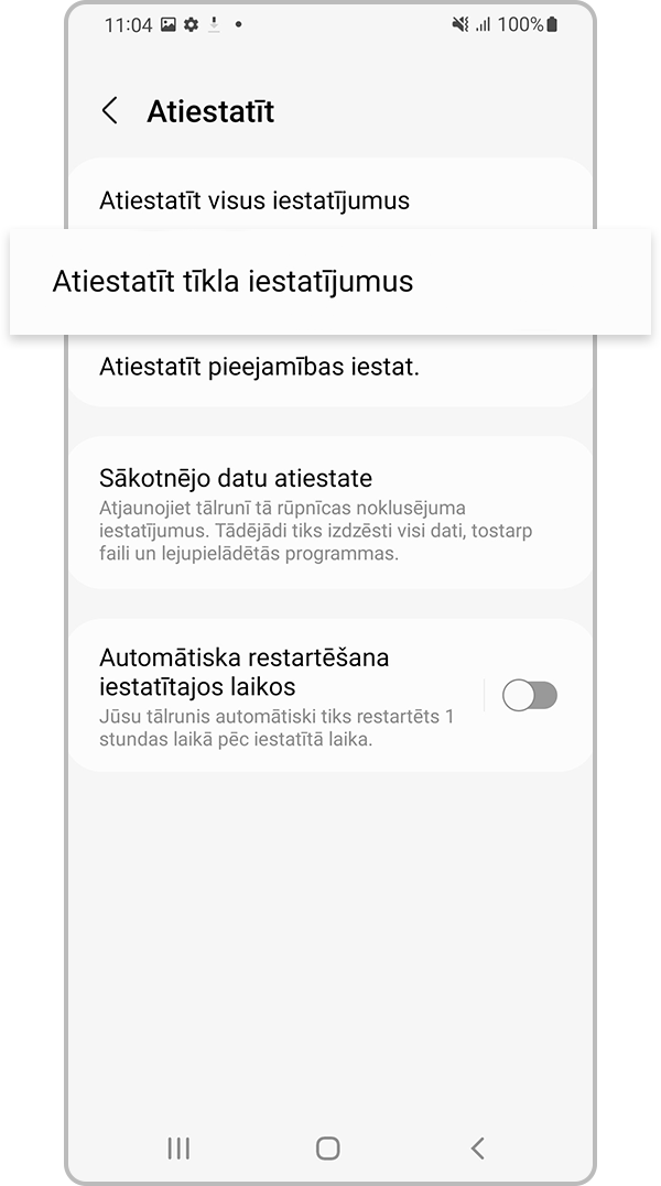 Pieskarieties izvēlnei “Atiestatiet tīkla iestatījumus”