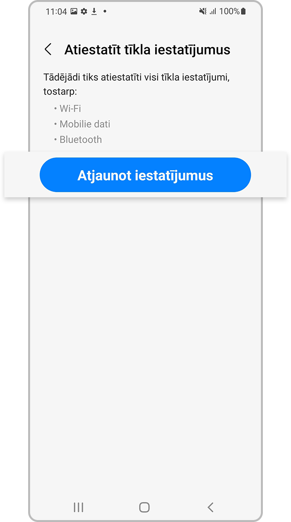 Pieskaries izvēlnei “Atjaunot iestatījumus”