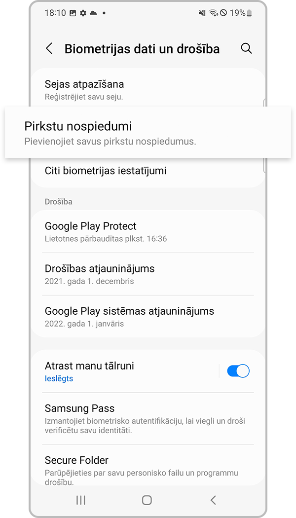 Pirkstu nospieduma atpazīšanas reģistrēšanas 2. solis