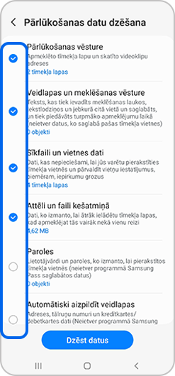 Atlasiet, kuras pārlūkošanas datu daļas vēlaties dzēst.