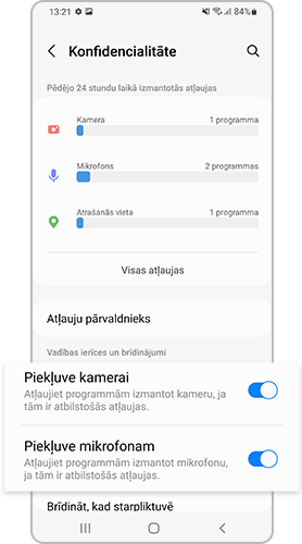 Privātuma iestatījumos iestatiet nepieciešamās atļaujas