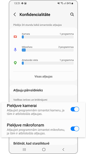 Privātuma iestatījumos iestatiet nepieciešamās atļaujas