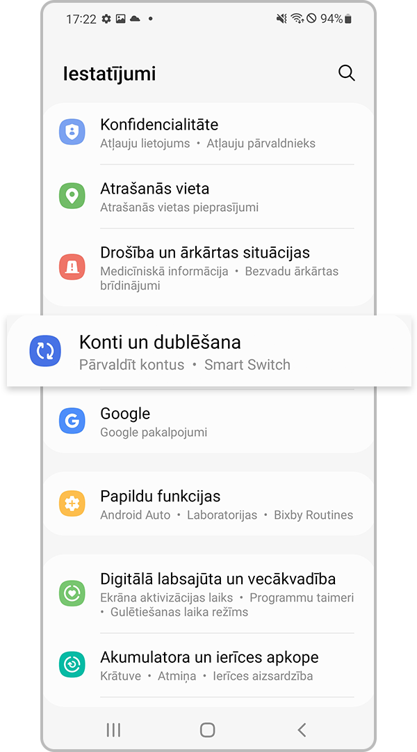 konti un dublēšana iestatījumos
