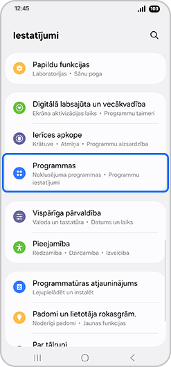 Lietotnes ir atlasītas izvēlnē Iestatījumi