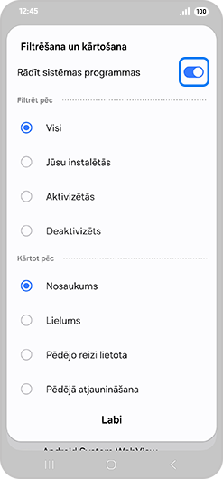 Galaxy viedtālruņa izvēlnē Lietotnes atlasīta opcija Rādīt sistēmas lietotnes