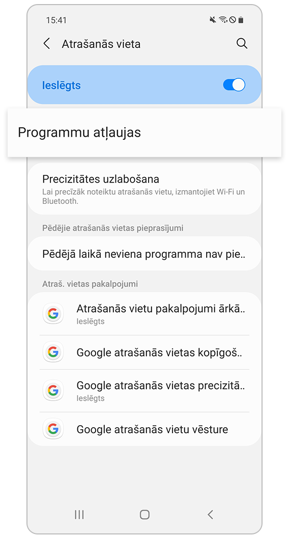 Pārbaudiet atrašanās vietas ieslēgšanu un programmu atļaujas