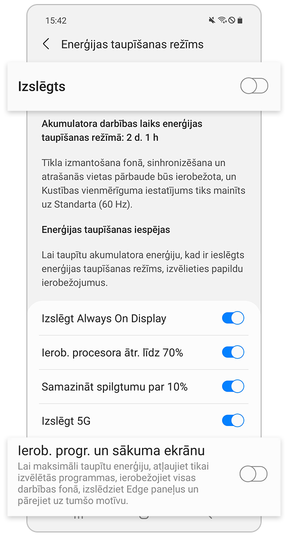 Enerģijas taupīšanas režīms – Ierobežot programmas un sākuma ekrānu