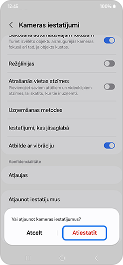Kameras lietotnes iestatījumu atjaunošana