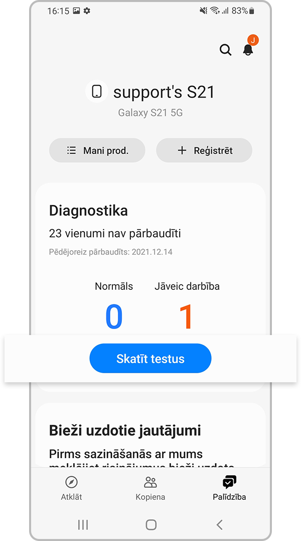 Samsung Members – Skatīt testus diagnostikas sadaļā