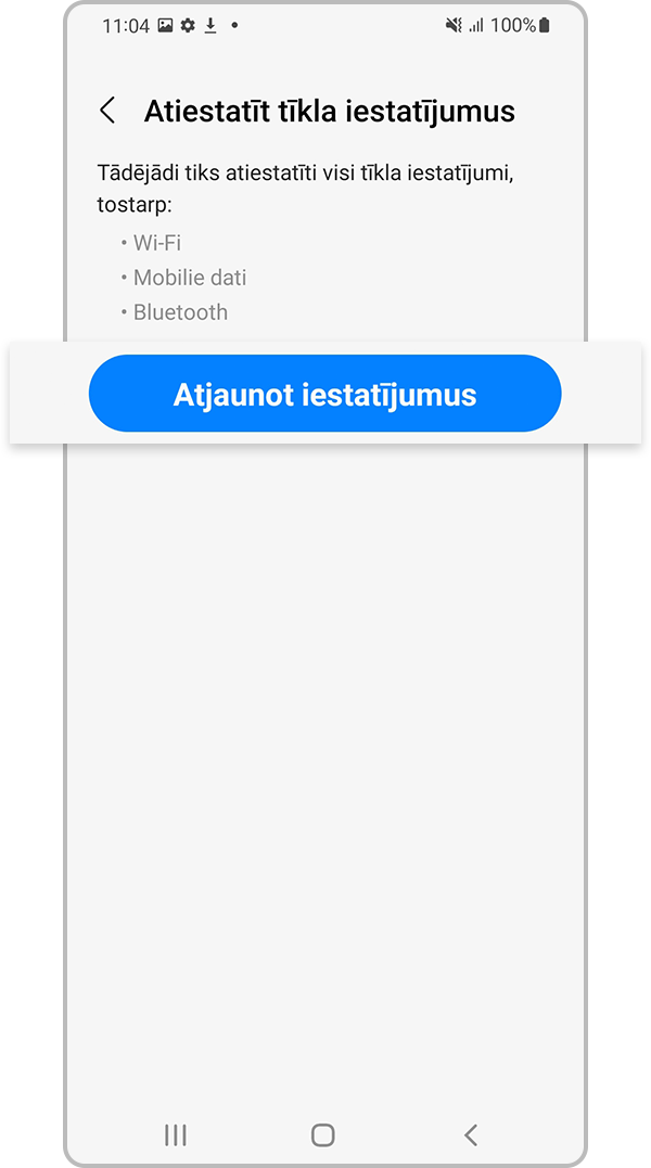 Pieskaries izvēlnei “Atjaunot iestatījumus”