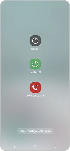 Ekrāns, kurā piedāvātas iespējas ierīci izslēgt, restartēt vai izmantot ārkārtas režīmā.