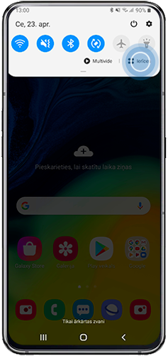 Ierīces atrodas zem paziņojumu paneļa ātrajām ikonām