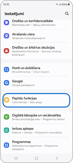 Opcija Papildu funkcijas izvēlnē Iestatījumi