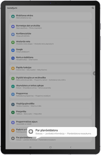 Opcija “Par planšetdatoru”.