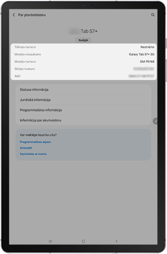 IMEI, sērijas un modeļa numurs uz planšetdatora.