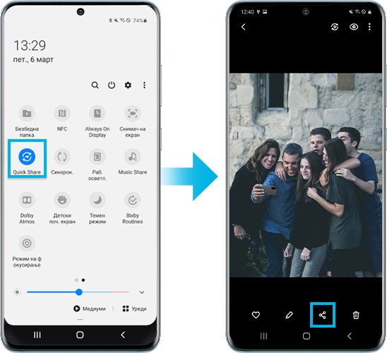 слика на уред Galaxy S20 при поставување Quick Share