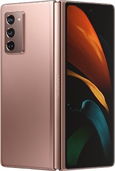 Galaxy Z Fold2 in Mystic Bronze, seen from the rear slightly unfolded with the butterfly wallpaper on the Cover Screen.