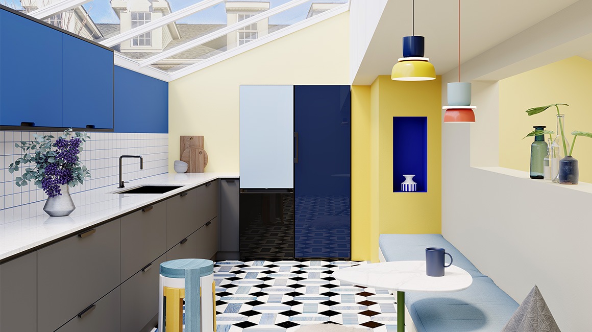 Двухдверные (Satin Sky Blue и Clean Black) и однодверные (Glam Navy) холодильники Bespoke.