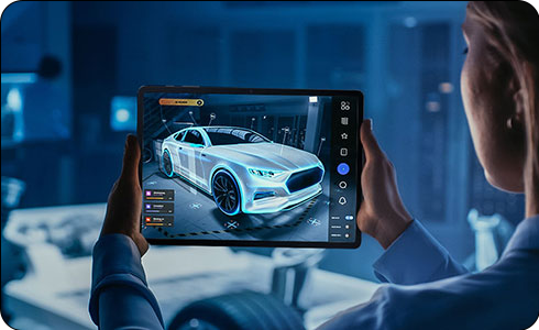 A woman holding a Samsung Galaxy tablet with a digital rendering of a car