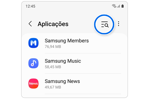 Captura de ecrã dos nomes completos das aplicações listadas em Definições > Aplicações.