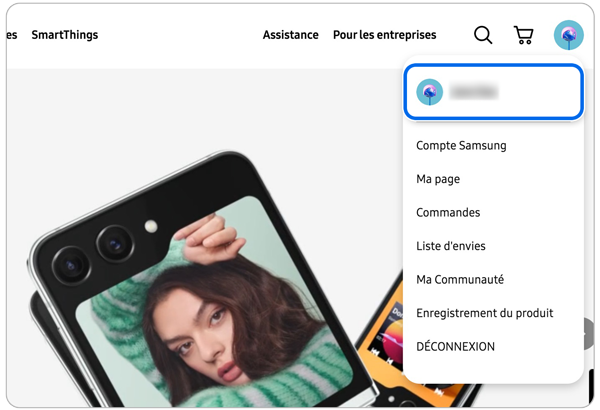 Menu d’un compte Samsung en ligne