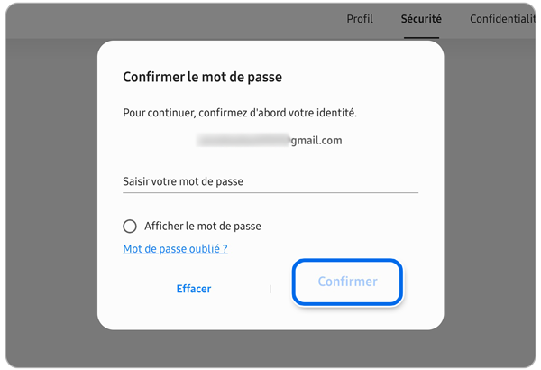 Écran de confirmation du mot de passe de votre compte Samsung