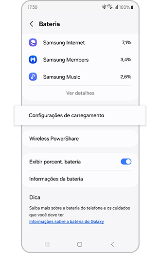 Selecione 'Ver mais' no menu Bateria.