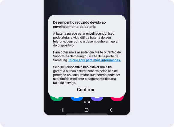 Vista da nota de Deterioração da bateria/redução do desempenho da bateria.