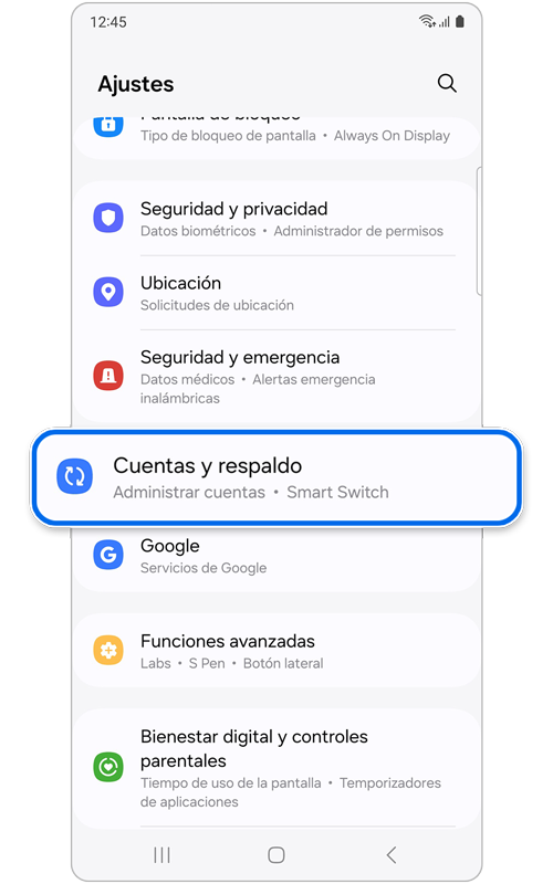 Pantalla de inicio de ajustes