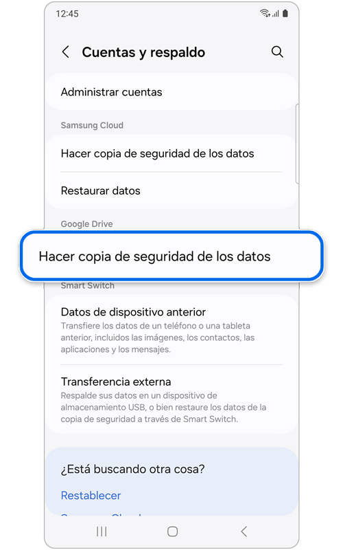 Pantalla de cuentas y respaldo