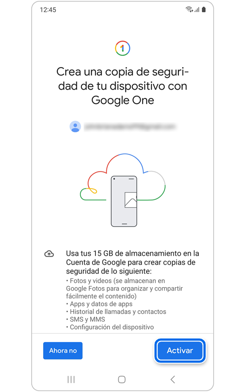 Pantalla para activar el almacenamiento de la cuenta de Google para hacer copias de seguridad de los datos