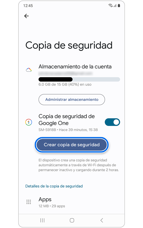 Pantalla de copia de seguridad