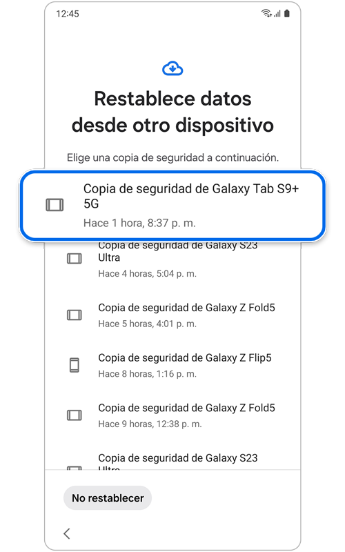 Lista de copias de seguridad disponibles para usar en la restauración de datos