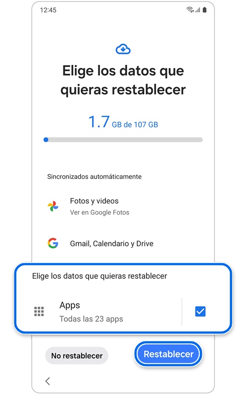 Pantalla de elige los datos que quieras restablecer