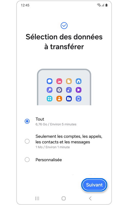 Écran de sélection des données à transférer avec l'application Smart Switch
