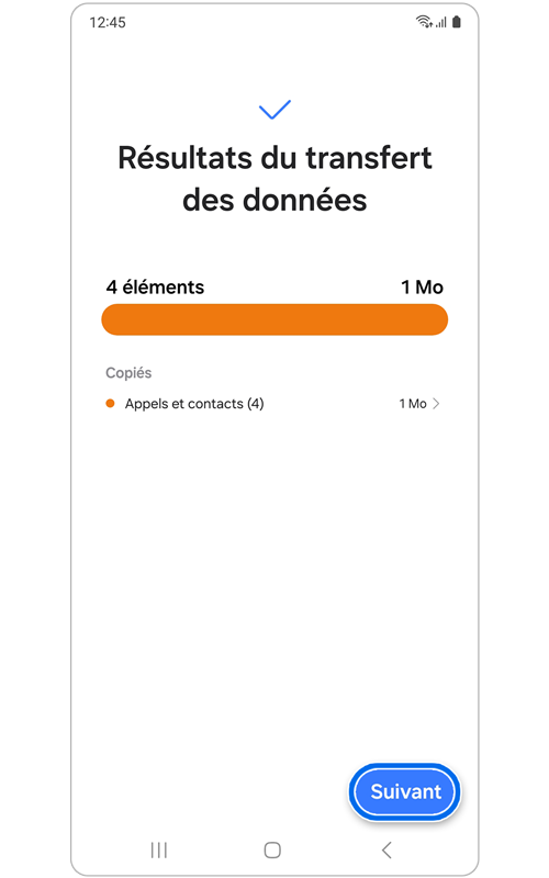 Écran de résultats du transfert de données